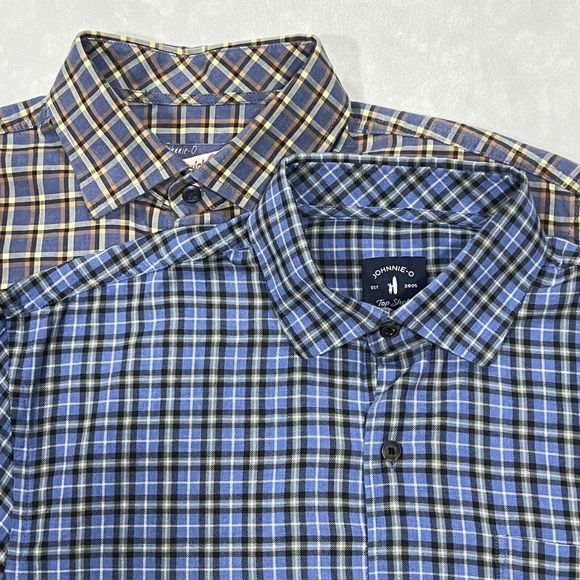 Lot Of 2 Johnnie O Men Blue Hangin Shelf Flannel Button Plaid Long Sleeve Medium - Picture 1 of 16